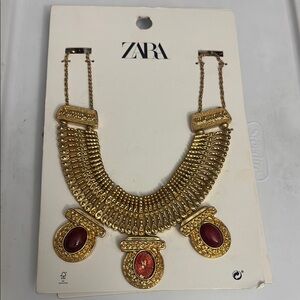 Zara Gold and Red Bold Necklace with Intricate Metalwork